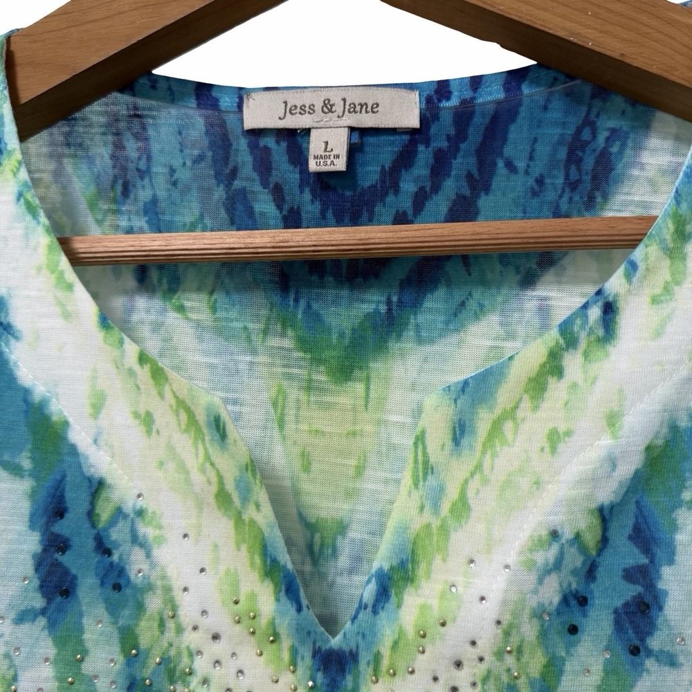 Jess & Jane Rhinestone Tie Dye Top Size L Blue Lightweight‎ Artsy 3/4 Sleeve NEW - Picture 7 of 9